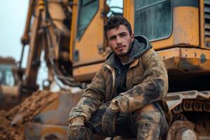 A young Caucasian male construction worker sits confidently on a heavy machinery, showcasing a rugged, determined expression. photo