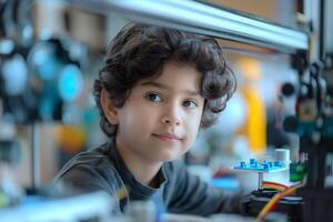 A young Middle-Eastern boy with curly hair focuses intently on a 3D printer in a bright workshop. photo