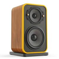 Stylish two-way speaker with wood finish and vibrant yellow accent, perfect for any modern audio setup. photo