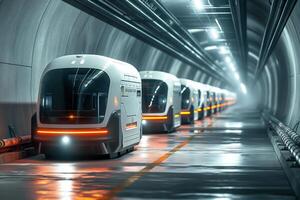 Futuristic autonomous transport pods lined up in a sleek underground tunnel, showcasing modern technology and innovation. photo