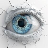 An artistic close-up of a blue human eye emerging from cracked white surface, symbolizing strength and resilience. photo