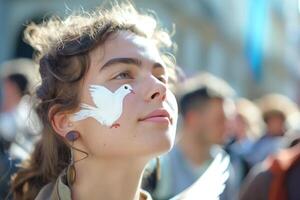 A young woman with artistic dove face paint gazes upward, capturing a moment of hope and peace in a vibrant crowd. photo