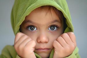 A close-up portrait of a young Hispanic boy with big brown eyes, wearing a green hoodie and showing a shy expression. photo