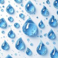 A collection of vibrant blue water droplets on a light background, creating a refreshing and clean aesthetic. photo