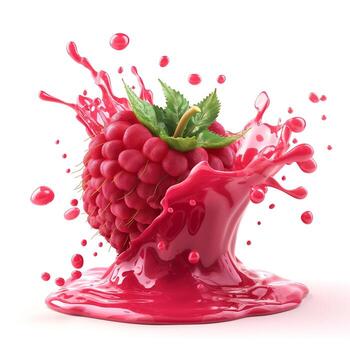 A vibrant raspberry sits atop a splash of raspberry juice, showcasing rich colors and dynamic motion. photo