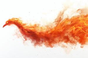 A vibrant, fiery phoenix rising through the air with flowing flames and smoke trails. photo