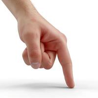 A close-up of a human hand, Caucasian male, gently pointing towards a plain surface with a soft shadow. photo