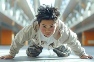 A young Asian boy exercises by doing push-ups in a modern indoor setting, showcasing determination and strength. photo