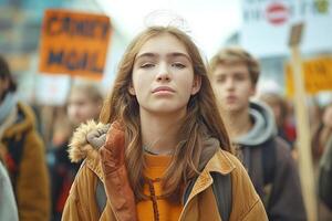 A young Caucasian girl with long brown hair stands confidently in a crowd during a protest, advocating for social change. photo