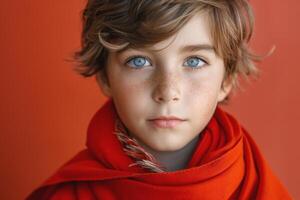 A young boy with striking blue eyes and freckles, wrapped in a vibrant red scarf against a warm orange backdrop. photo