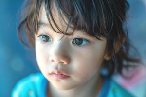 A pensive young boy with curly hair and big brown eyes, lost in thought against a softly blurred background. photo