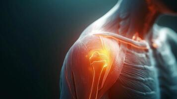 Anatomical depiction of a male human shoulder joint, showcasing muscles and a glowing joint structure. photo