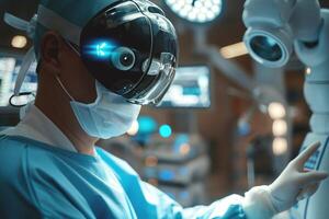 A male Asian surgeon in a blue surgical gown and VR headset, showcasing advanced technology in a modern operating room. photo