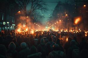 A diverse crowd marches through the night, carrying torches and banners in a powerful display of solidarity and protest. photo