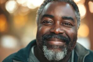 Smiling African American man with a gray beard in soft, warm light, exuding joy and contentment. photo