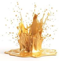 A vibrant splash of golden liquid, creating dynamic shapes and droplets against a clean white background. photo