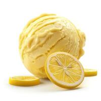 A vibrant yellow scoop of lemon ice cream with fresh lemon slices, evoking a refreshing summer treat. photo
