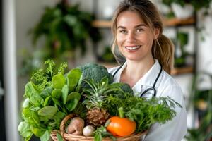 Smiling Caucasian woman in a white coat holding a basket of fresh vegetables, promoting healthy eating and wellness. photo