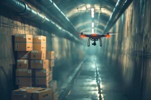 A drone navigates through a dimly lit underground tunnel surrounded by stacked boxes, highlighting technology in industrial settings. photo