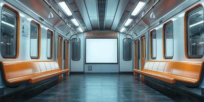 Empty modern subway train interior with orange seating and illuminated white panels. photo