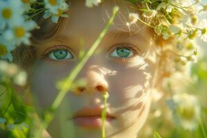 A young Caucasian boy with striking green eyes looks curiously through a field of wildflowers, wearing a crown of daisies. photo