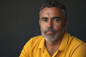 Confident Hispanic man with a beard, wearing a yellow polo shirt, gazes thoughtfully into the camera against a dark background. photo