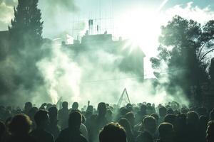A large crowd of diverse individuals shrouded in smoke during a protest, symbolizing unity and resistance. photo