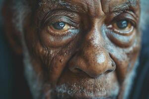 Close-up portrait of an elderly Black man, showcasing his expressive eyes and textured skin. photo