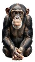 A contemplative chimpanzee with striking features and a thoughtful expression, showcasing its intelligence and curiosity. photo