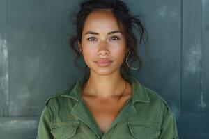 Young woman of Asian descent with a natural look, wearing a green jacket and hoop earrings, poses against a dark green background. photo