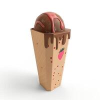 A delectable chocolate ice cream in a strawberry-themed cone dripping with syrup. photo