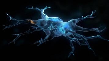 A vibrant microscopic view of a neuron with intricate dendrites, glowing against a dark background. photo