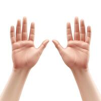 Close-up view of two open hands, showcasing details of the palm and fingers against a plain background. photo