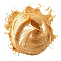 A swirl of creamy beige substance, resembling peanut butter, with dynamic splashes against a white backdrop, creating an artistic effect. photo