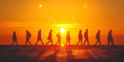 Silhouettes of diverse individuals walking against a stunning sunset backdrop, creating a serene and contemplative atmosphere. photo