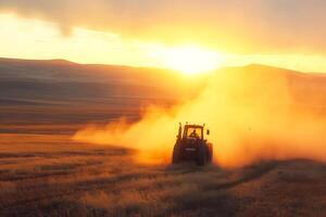 A tractor plows through golden fields at sunset, enveloped in a cloud of dust, capturing the essence of rural life. photo