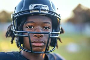 A focused young African American male athlete in a football helmet, ready for the game, showcasing determination and drive. photo