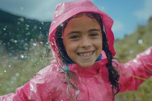 Smiling young girl with long dark hair in a pink rain jacket enjoys playing in the rain, surrounded by glistening droplets. photo