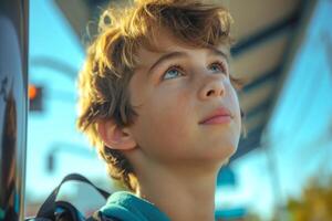 A thoughtful Caucasian boy gazes upwards, captured at a bus stop with a bright, hopeful expression amidst a sunny backdrop. photo