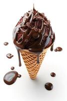 A delicious chocolate ice cream cone, dripping with rich chocolate syrup and sprinkled with chocolate chips. photo
