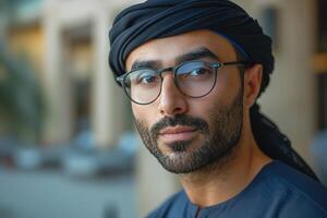 Middle-Eastern man in traditional attire with glasses, exuding confidence and style in a contemporary setting. photo