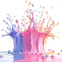 Colorful splashes of blue and pink paint create vibrant patterns against a white background. photo