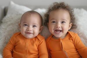 Two adorable babies, one with straight hair and the other with curly hair, are smiling happily, dressed in matching orange outfits. photo