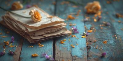 A vintage aesthetic featuring a stack of weathered letters adorned with dried flowers on a rustic wooden surface. photo