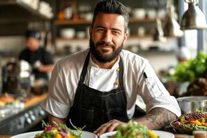 A confident male chef with a beard proudly presents his culinary creations in a vibrant kitchen setting. photo