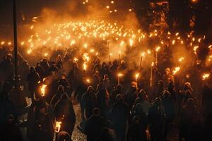 A large group of masked individuals, mainly cloaked in dark clothing, march holding torches, creating an intense and dramatic atmosphere. photo