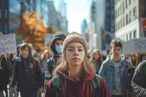 A young Caucasian woman stands confidently at the forefront of a lively protest, amidst a sea of passionate demonstrators. photo