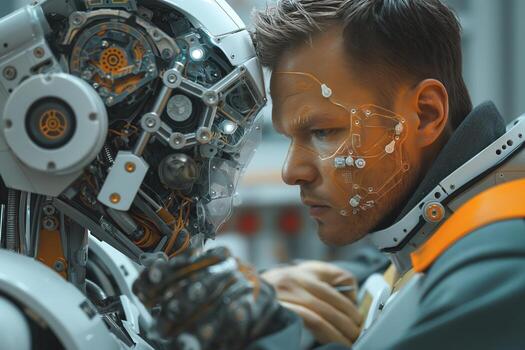 A close-up of a man and a humanoid robot facing each other, highlighting the intricate details of their designs. photo