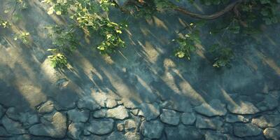 A serene view of leaves casting shadows on a textured stone wall, creating a tranquil atmosphere. photo