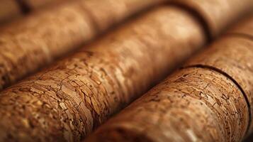 Close-up view of several natural corks, highlighting their textured surfaces and warm tones. photo